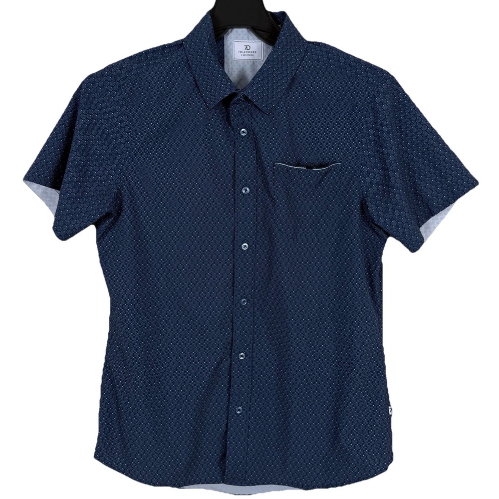 7‎ Diamonds Liberty 4 Way Stretch Shirt Mens Small Blue Geometric Short Sleeve